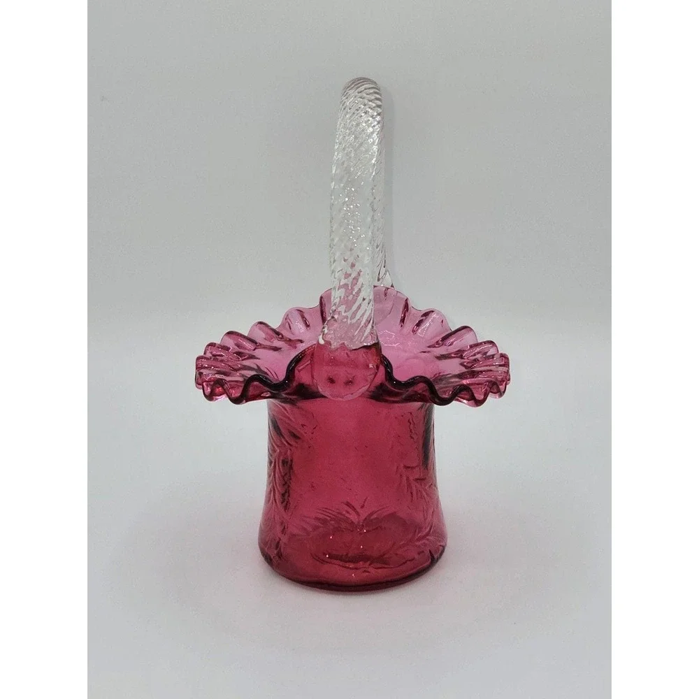 Fenton Glass‎ Vintage Cranberry Fern Ruffled Edge Hat Basket